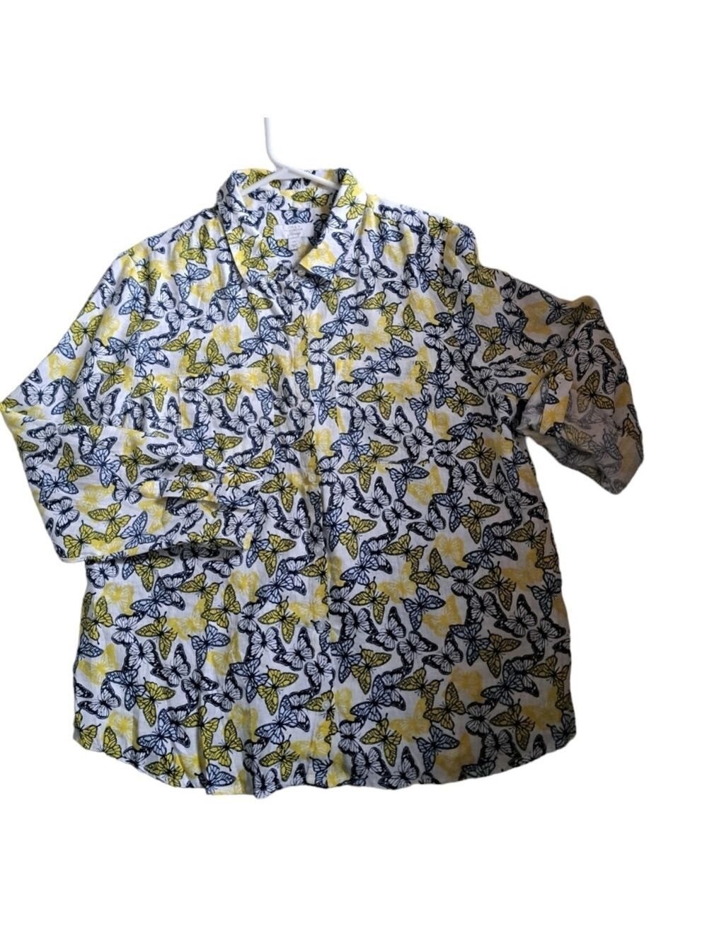 CHARTER CLUB Linen luxury BUTTERFLY blouse shirt long sleeve top Petite XL